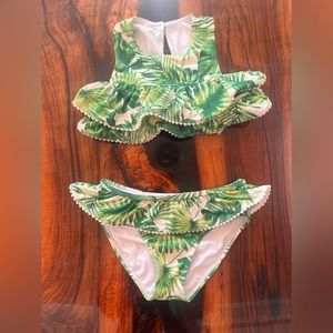 Janie and Jack Banana leaf green palm print RUFFLE 2-PIECE SWIMSUIT size 6